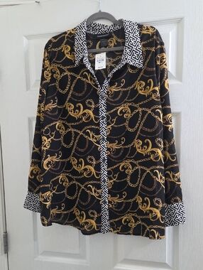 Ashley Stewart Black and Gold Chain Print Button-Up Blouse